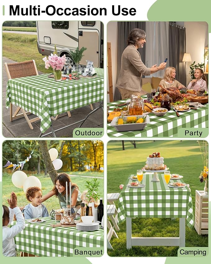 Smiry 20 Packs Gingham Disposable Table Cloth, 54 x 108 Inch Waterproof Plastic Tablecloth, Rectangle Sage Green and White Checkered Table Covers for Picnic, Birthday, Party