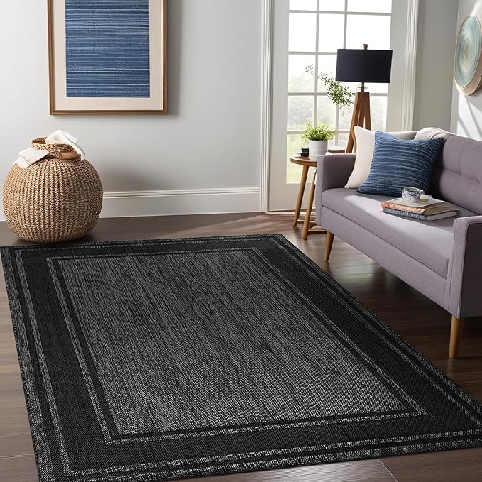Beverly Rug Outdoor Rug 8x10 Modern Bordered Area Rugs for Indoor and Outdoor Patio Deck Porch Garden Waterproof Weather Sun Resistant Washable Outside Carpet (8 x 10 Black)