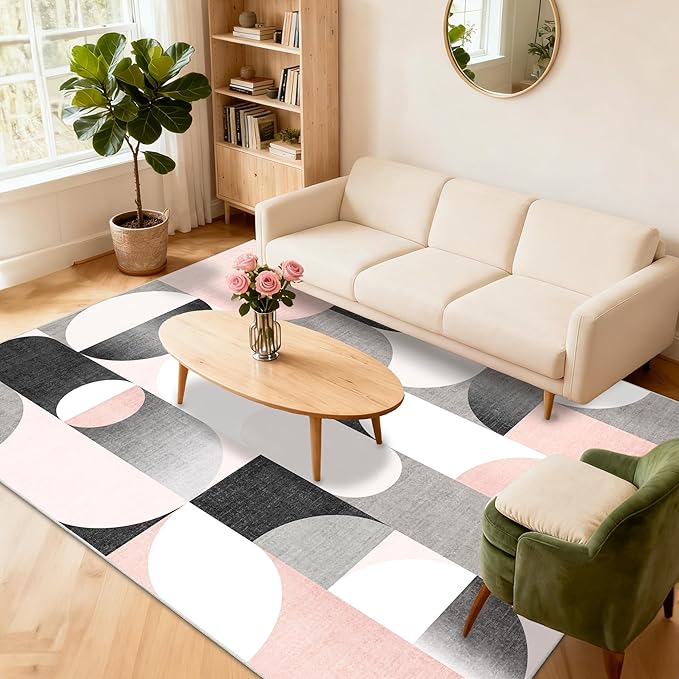 5x7 Area Rugs Pink Washable Rug for Living Room Bedroom,Large Modern Non Slip Carpet for Dining Room Farmhouse Office,Blush Grey Black