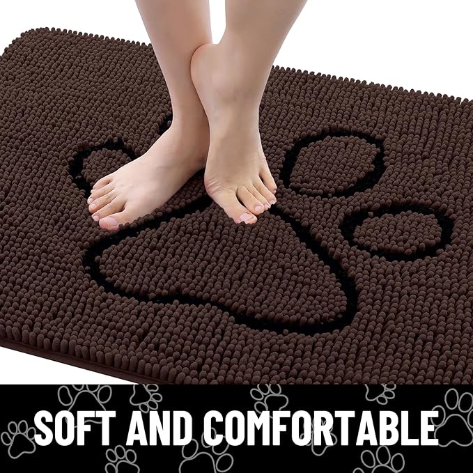 Smiry Dog Door Mat for Muddy Paws, Absorbent Dirt Trapper Non Slip Quick Dry Washable Chenille Mat for Mud Dogs, Entry Rug for Indoor and Outdoor (30x20 Inches, Brown and Black)