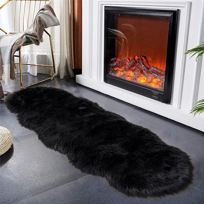 Latepis Black Runner Rugs 2x6 Faux Sheepskin Fur Rug for Bedroom Shag Shaggy Furry Rug for Living Room Dorm Soft Rugs Home Décor