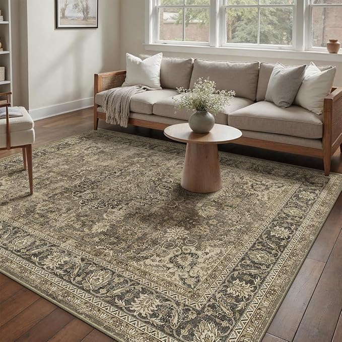 5x7 Washable Brown Area Rug Vintage Living Room Bedroom Carpet Non-Slip Soft Low Pile Distressed Indoor Throw Rug for Dining Room Entryway Office