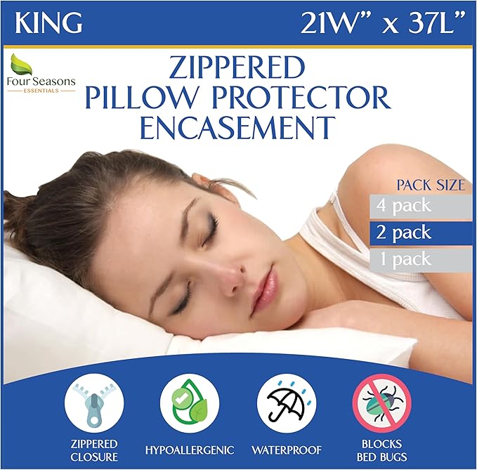 Four Seasons Essentials Waterproof King Pillow Protectors (Set of 2) – Zippered Pillow Cover Hypoallergenic Dust Allergy Proof Encasement