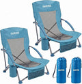 Garvee Low Beach Chair 2 Pack, Folding Portable Beach Chairs for Adults, Lightweight Extra Wide Seat Chair with Cup Holder, Storage Pocket & Carry Bag for Camping, Beach, Travel - 2PC