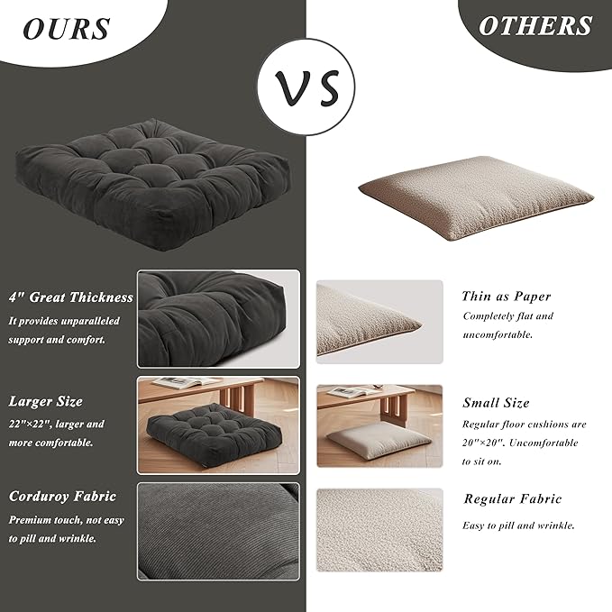 Meditation Floor Pillow 22×22 Inch 2 Pack Large Floor Cushions for Adults Square Tufted Corduroy Floor Pillows for Yoga Living Tatami Room Dark Grey