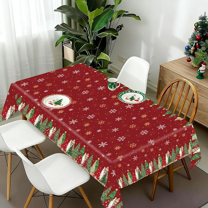 Christmas Tablecloth, 2 Pack Plastic Christmas Tablecloth Disposable for Rectangle Table Snowflake Xmas Tree Table Cloth Tables Cover for Xmas Holiday New Year Party Supplies Decoration 54 x 108 Inch
