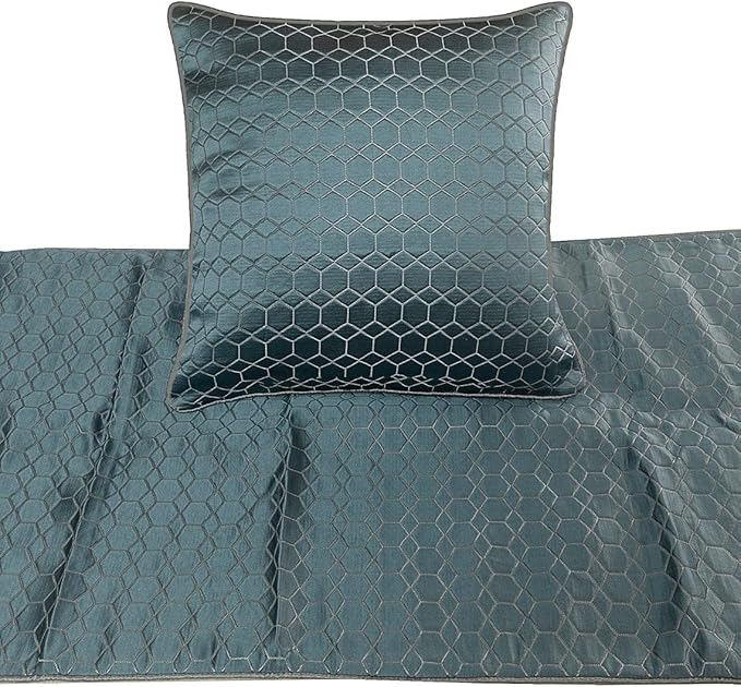 The HomeCentric King Queen Twin Blue Luxury Full 68"x18" Bed Runner with Pillow Cover, Hexagon Pattern Bed Scarf on Jacquard Fabric - Hexagon Lagoon