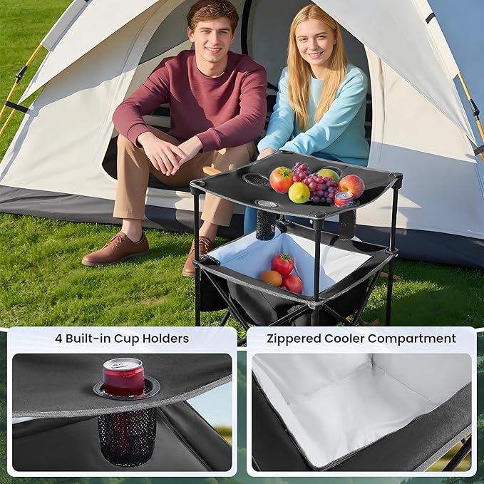 Portable Outdoor Folding Camping Table with 4 Cup Holders & Cooler Compartment, Waterproof Picnic Table for Picnic, BBQ, Beach, Hiking (Black)