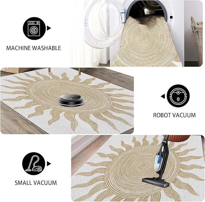 Boho Washable Rugs for Bedroom 3x5, Modern Sun Print Soft Minimalism Area Rug, Non Slip Low Pile Abstract Carpet for Classroom Living Room Decor Dining Room Sofa Kids Nursery Room, Beige Yellow