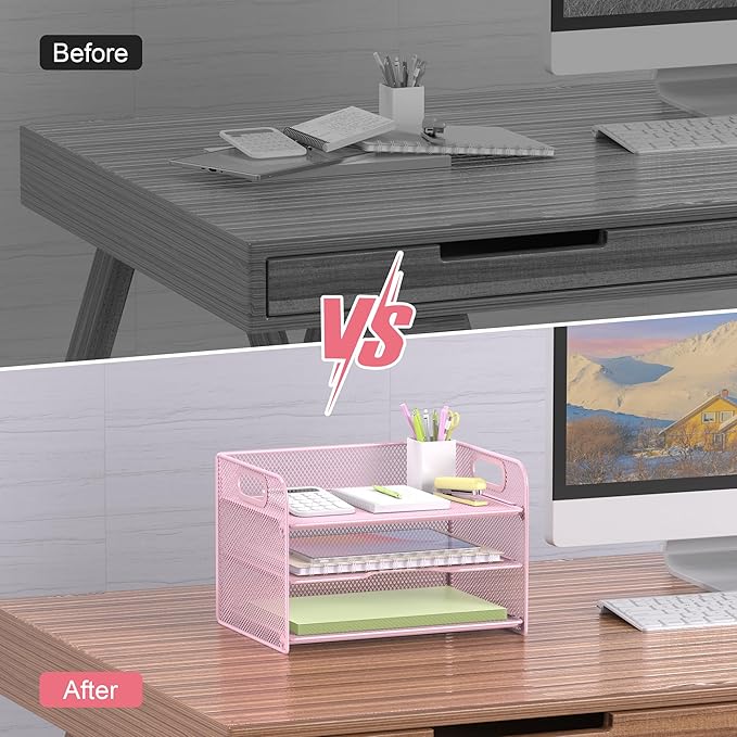 Samstar 3 Tier Pink Letter Tray Paper Organizer with Handle, Mesh Desk Organizer Paper Sorter File Rack Shelves, Pink