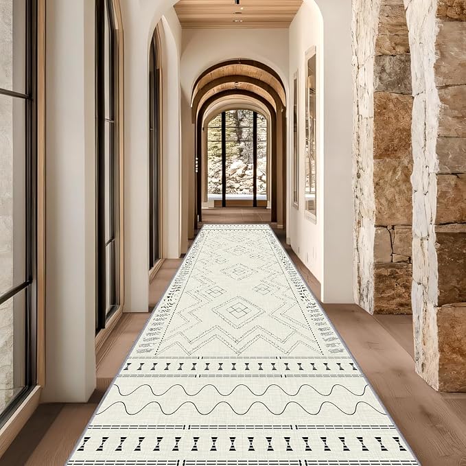 Beige White Runner Rug, 4x12ft Black Geometric Square Pattern Hallway Decor Rug - Modern Home Corridor & Foyer Accent Carpet, Non-Slip Mat Washable Rugs, Stylish Carpet for Hallway Spaces