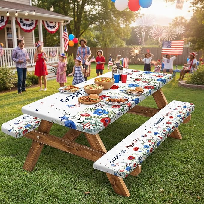 JAWO 4th of July Picnic Table Cover with Bench Covers, Red Blue Watercolor Flowers Fitted Waterproof Tablecloth with Elastic Edge, 3 PCS Set for Outdoor Camping, Independence Day Decorations,96in