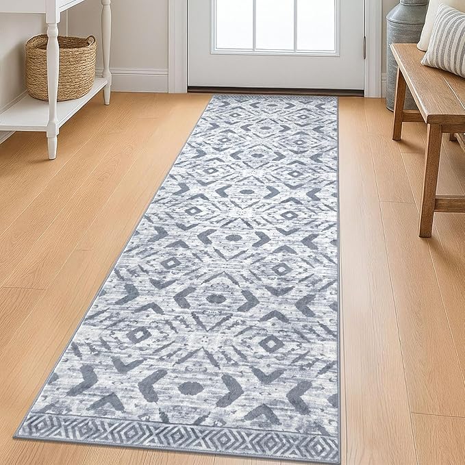 KILOCOCO Boho Kitchen Runner Rug 2x6 Washable Runner Rug, Soft Runners for Hallways Non Slip Printed Low-Pile Distressed Laundry Room Rugs for Entryway/Bedroom/Living Room, Gray/White