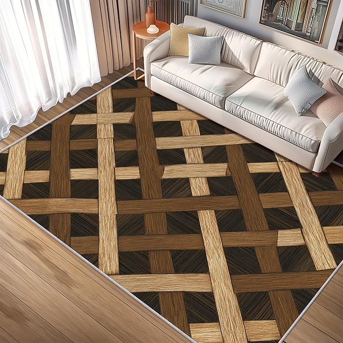 Checkered Rug, Washable 5x7 Rug for Living Room, Wood Grain Patterned Indoor Carpet, Checkered Geometric Decor for Home, Bedroom, Soft Non Slip Thin Design FER28