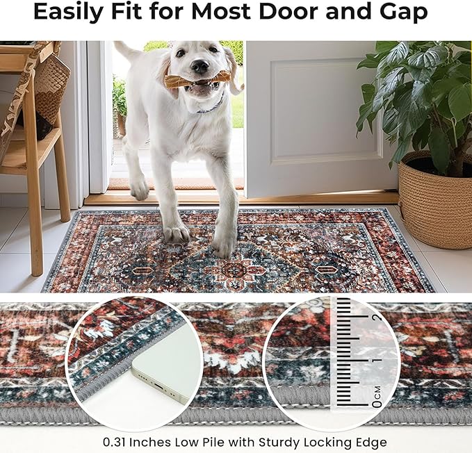 KOZYFLY Boho Area Rug 5x7 Ft Thin Rugs for Living Room Washable Bedroom Rug Non Slip Rugs Printed Faux Wool Vintage Bedroom Rug Floor Carpet for Dining Room Living Room, Brick Red/Orange/Green