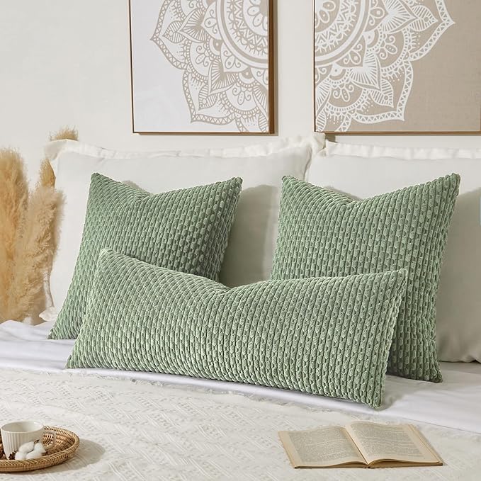 Kevin Textile 20x54 Inch Long Body Lumbar 1 Pack Boho Decorative Throw Pillow Cover Soft Striped Corduroy Rectangle Cushion Case Farmhouse Accent for Living Room Couch Sofa Bed, Sage Green
