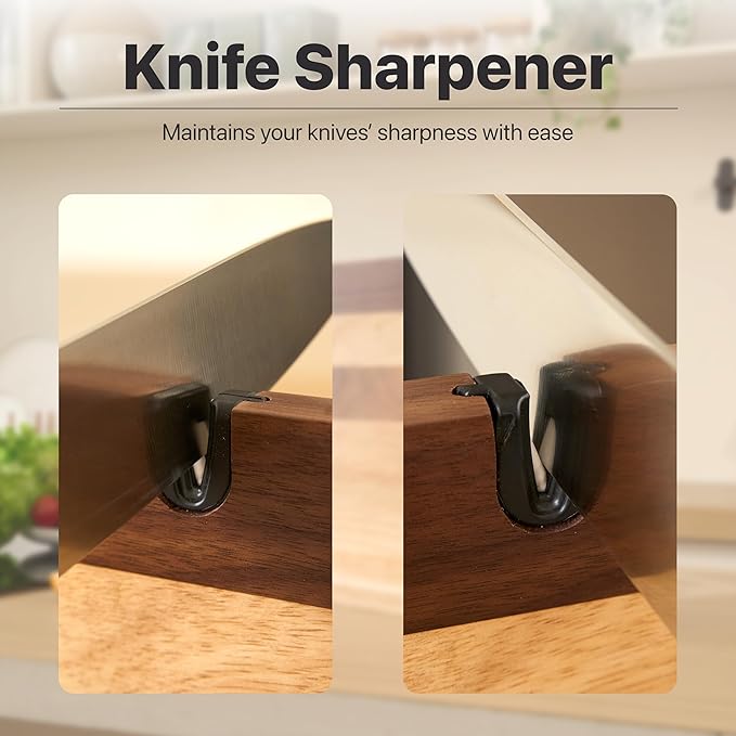 BRENZAA 14" Magnetic Knife Block with Sharpener, Wood Knife Holder Stand