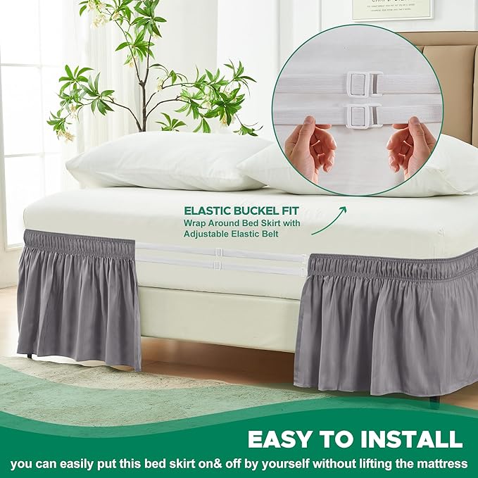 Biscaynebay Wrap Around Bed Skirts for Twin & Twin XL Beds 14" Drop, Silver Grey Adjustable Elastic Dust Ruffles Easy Fit Wrinkle Resistant Silky Luxurious Fabric Machine Washable