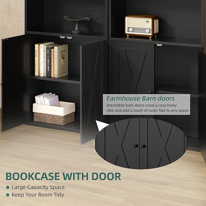 Modern Bookshelf with Doors, Industrial Bookshelves with 6-Tier Shelf, 71