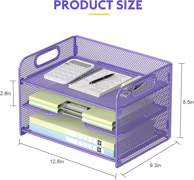 Samstar 3 Tier Purple Letter Tray Paper Organizer with Handle, Mesh Desk Organizer Paper Sorter File Rack Shelves, Purple
