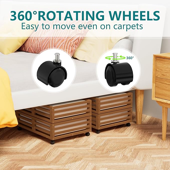 Bamboo Under Bed Storage Containers- Underbed Organizer with Wheels with Large Capacity Dust Bag,Sturdy Wood Rolling Under Bed Shoe Storage Organizer 2 Packs (Walnut, 2 Packs (23.62"×16.54"))