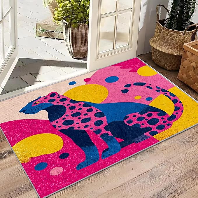 Leopard Indoor Rugs for Entryway - 2x3ft - Colorful Abstract Geometric Animal Pop Art Washable Non Slip Low Pile Small Area Rug for Bedroom, Leopard Carpet Home Decor & Gifts