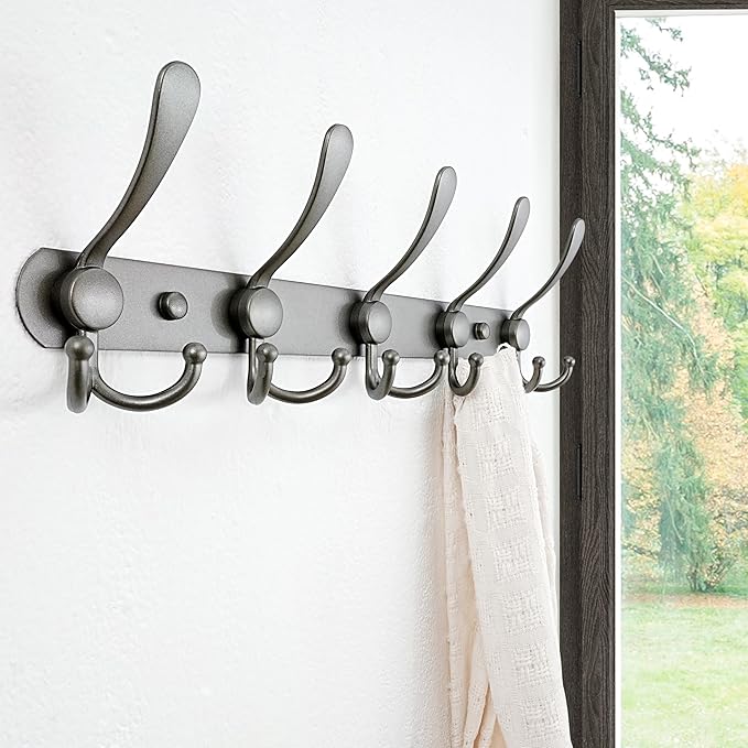 Dseap Coat Rack Wall Mounted - 5 Tri Hooks, Heavy Duty, Stainless Steel, Metal Coat Hook Rail for Coat Hat Towel Purse Robes Mudroom Bathroom Entryway,Grey