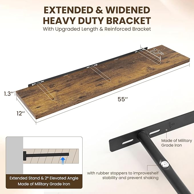 Dreamland 55" Floating Shelves for Wall, 12" Deep Slim Rustic Brown Floating Shelves, Wall-Mounted Shelves for Bedroom, Living Room, Kitchen, Bathroom - Set of 2
