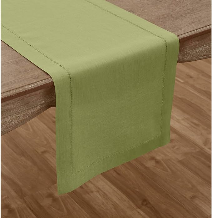 Solino Home Linen Table Runner 108 Inches Long - 100% Pure Linen Moss Green Table Runner 14 x 108 Inch for Winter - Classic Hemstitch