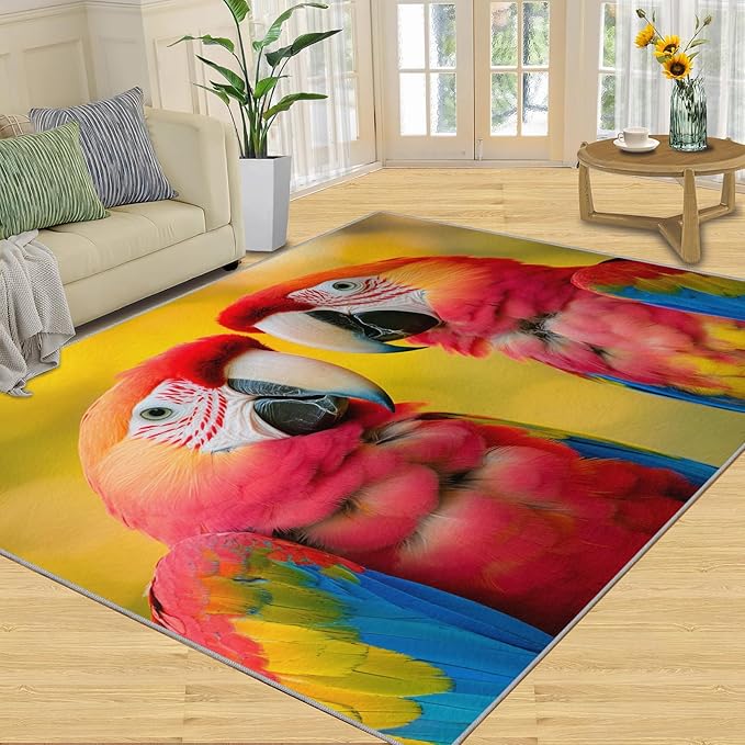 Parrot Rugs for Bedroom - 5x8 Area Rug - Cute Parrot Rugs for Living Room, Colorful 3D Animal Rug, Non-Slip Washable Home Decor Carpet