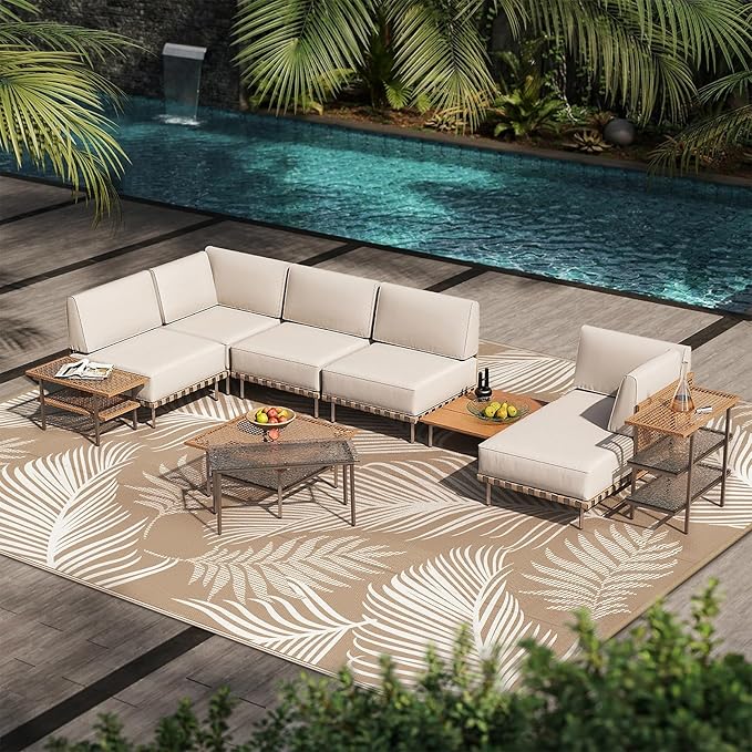 Pauwer Waterproof Outdoor Rug 8x10, Reversible Plastic Straw Patio Camping Rug, Indoor Outdoor RV Mat Carpet for Deck, Camper, Porch, Balcony, Backyard, Picnic, Leaf Brown