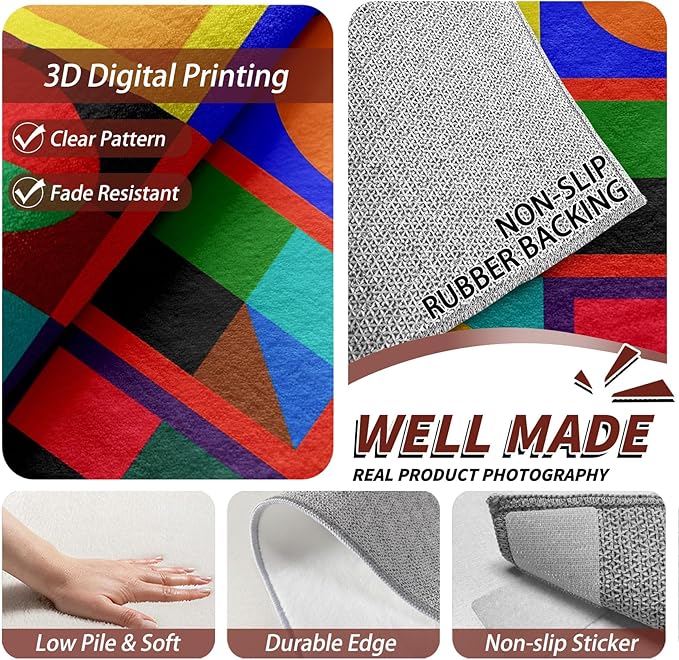 Geometric Rugs for Bedroom - 4x5ft - Colorful Abstract Modern Funky Rugs for Living Room Non Slip Low Pile Machine Washable Area Rug, Geometric Carpets Home Decor & Gifts