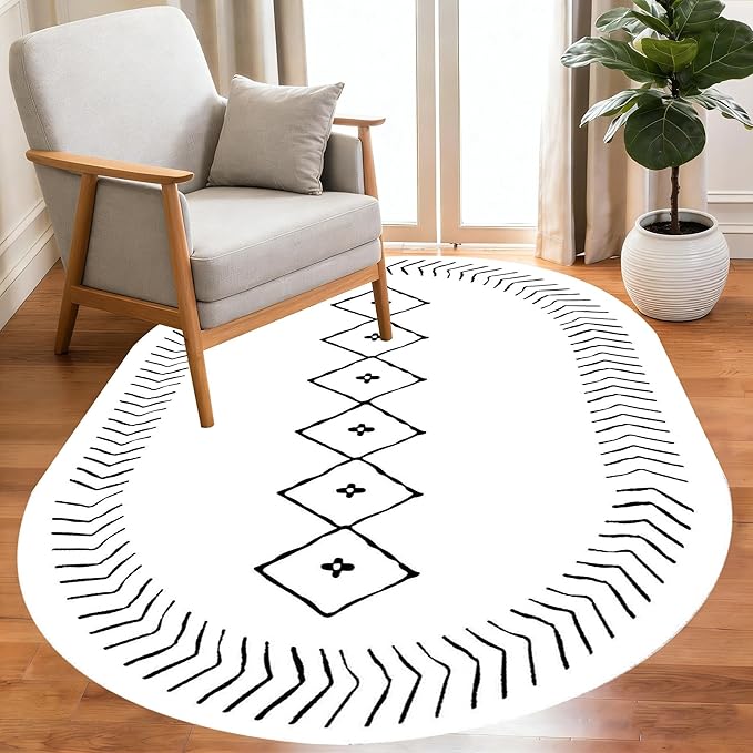 Simple Black and White Geometric Texture Bordered Area Rug 5x7 for Living Room Bedroom Dining Room Soft Washable Anti Slip Floor Mats Doormat Modern Minimalist Large Carpet Cozy Indoor Oval Rugs