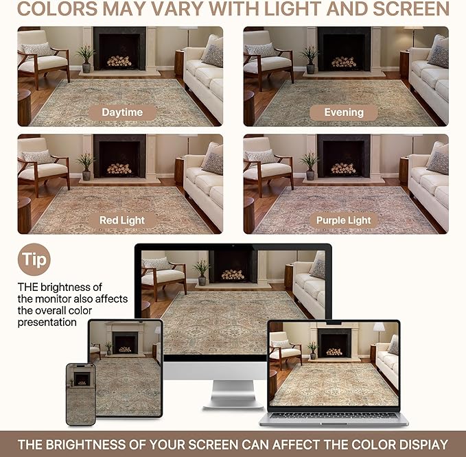 Bavni 3x5 Area Rugs for Living Room, Machine Washable Rug Non Slip, Vintage Chenille Distressed Print Carpet, Large Low Pile Ultra-Thin Lightweight Rugs for Bedroom, Dining Room, Office, Wood Brown