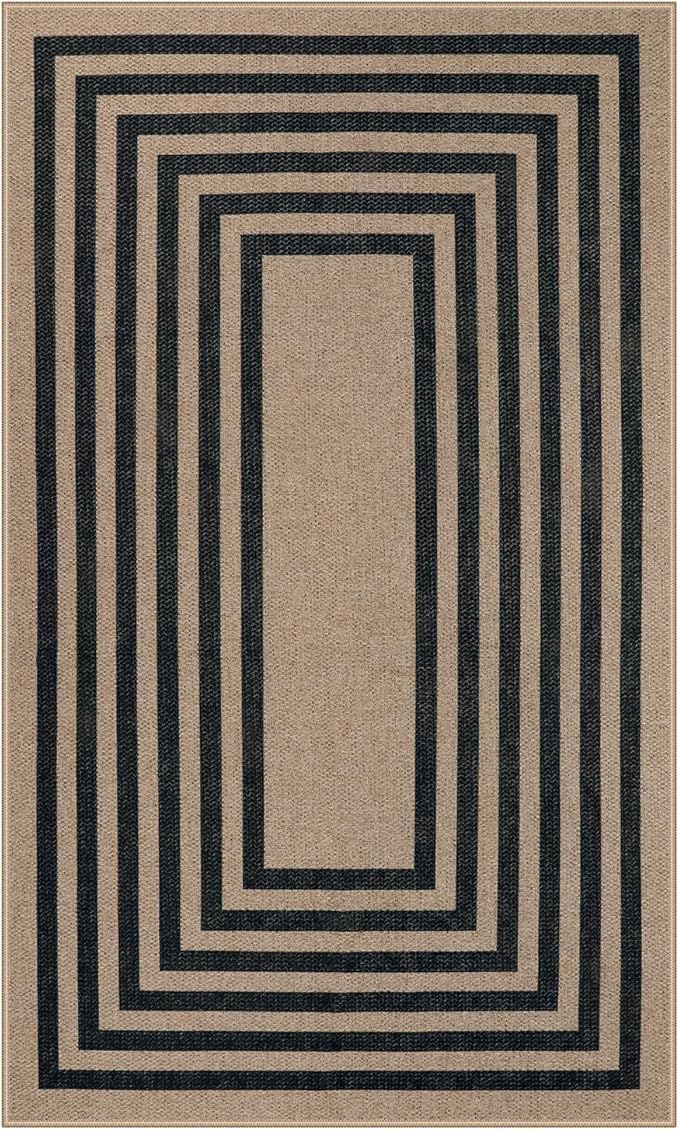 Lahome Modern Geometric Easy Jute Outdoor Rug, 3x5 Black Washable Kitchen Rugs for Bedroom Thin Non Slip Indoor Door Mat, Non Slip Farmhouse Carpet for Office Patio