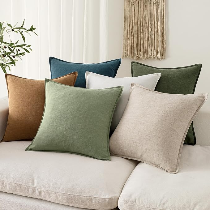EMEMA Decorative Linen Throw Pillow Covers 22x22 Inch Grass Green Boho Farmhouse Neutral Couch Throw Pillows for Bed Pack of 2 Accent Pillowcase Modern Sofa Cushion Livingroom Home