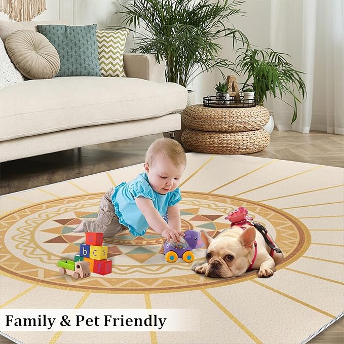 Boho Sun Area Rugs 5x6ft, Minimalist Line Rugs for Kids Bedroom, Geometric Solar Office Rug Low Pile are Not Stumbling Foot for Living Room End Table Nursery