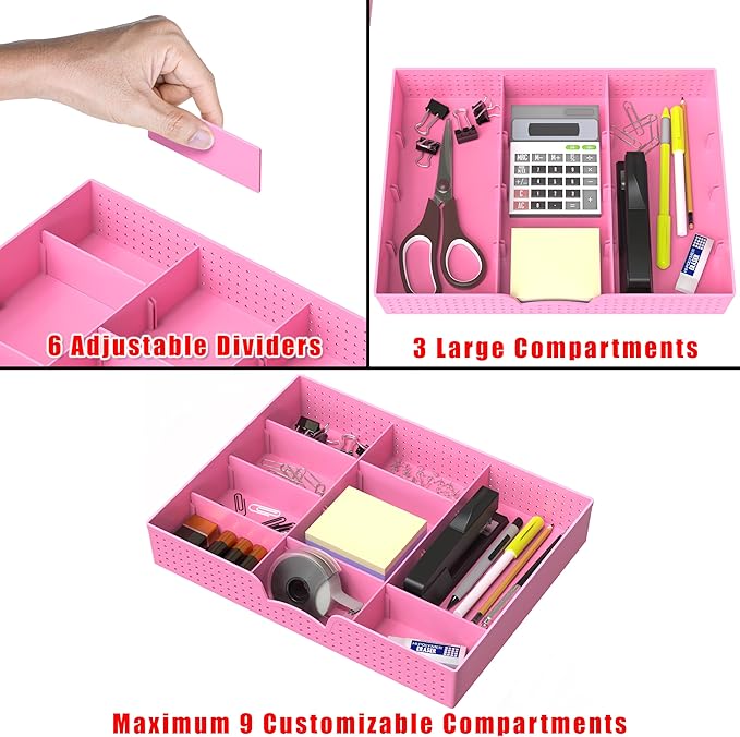 Simple Houseware Drawer Organizer Tray with 9 Adjustable Compartments, Pink