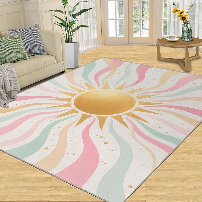 Boho Sun Area Rugs 5x8ft, Minimalist Sunburst Living Room Carpet, Abstraction Deco Decorative Carpet Protect Floor for Bedroom Men Office Hardwood Floors