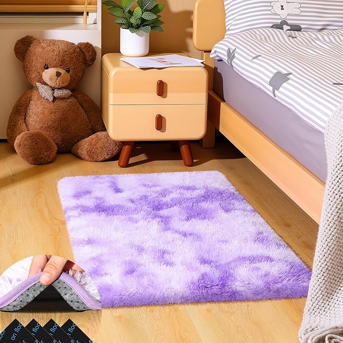 2x3 Rugs for Bedroom, Fluffy Small Area Rugs for Living Room,Soft Shag Fuzzy Carpet with 4 Non-Slip Stickers for Kids Boys and Girls Nursery Room Dorm Home Decor (Tie-Dyed Purple, 2ft x 3ft)