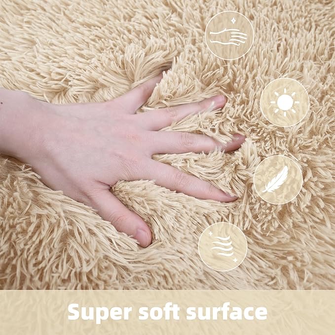 8x10 Solid Fluffy Camel Area Rug – Washable, Durable, Extra Large Living Room Rug, Non-Slip High Pile Shag Rugs for Bedroom, Playroom, Nursery Rooms, Kids Room, Soft Indoor Floor Carpet Decor