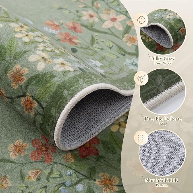 Wonnitar Washable 5x7 Area Rugs, Green Floral Rugs for Bedroom, Non-Shedding Living Room Throw Rug, Botanical Dining Room Floor Carpet for Bedside Kids Girls Bedroom (Green,5'x7')