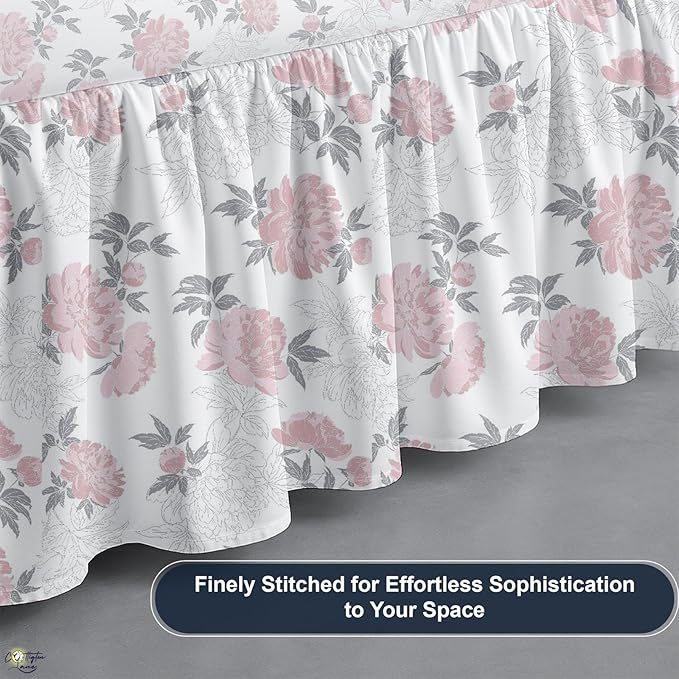 Cottington Lane Ruffled Bed Skirt Queen Size with Split Corner, Brushed Microfiber Hotel Quality Dust Ruffle, 21 Inch Drop Gathered Bedskirt, Soft, Stylish, Shrink & Fade Resistant, Blush Petals