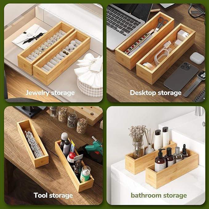 BAMEOS Kitchen Drawer Organizer,Small Silverware Drawer Organizer,Bamboo Utensil Organizer for Bathroom, Dressing Room, Office, Pantry (Natural, 11"x 3") Set of 2