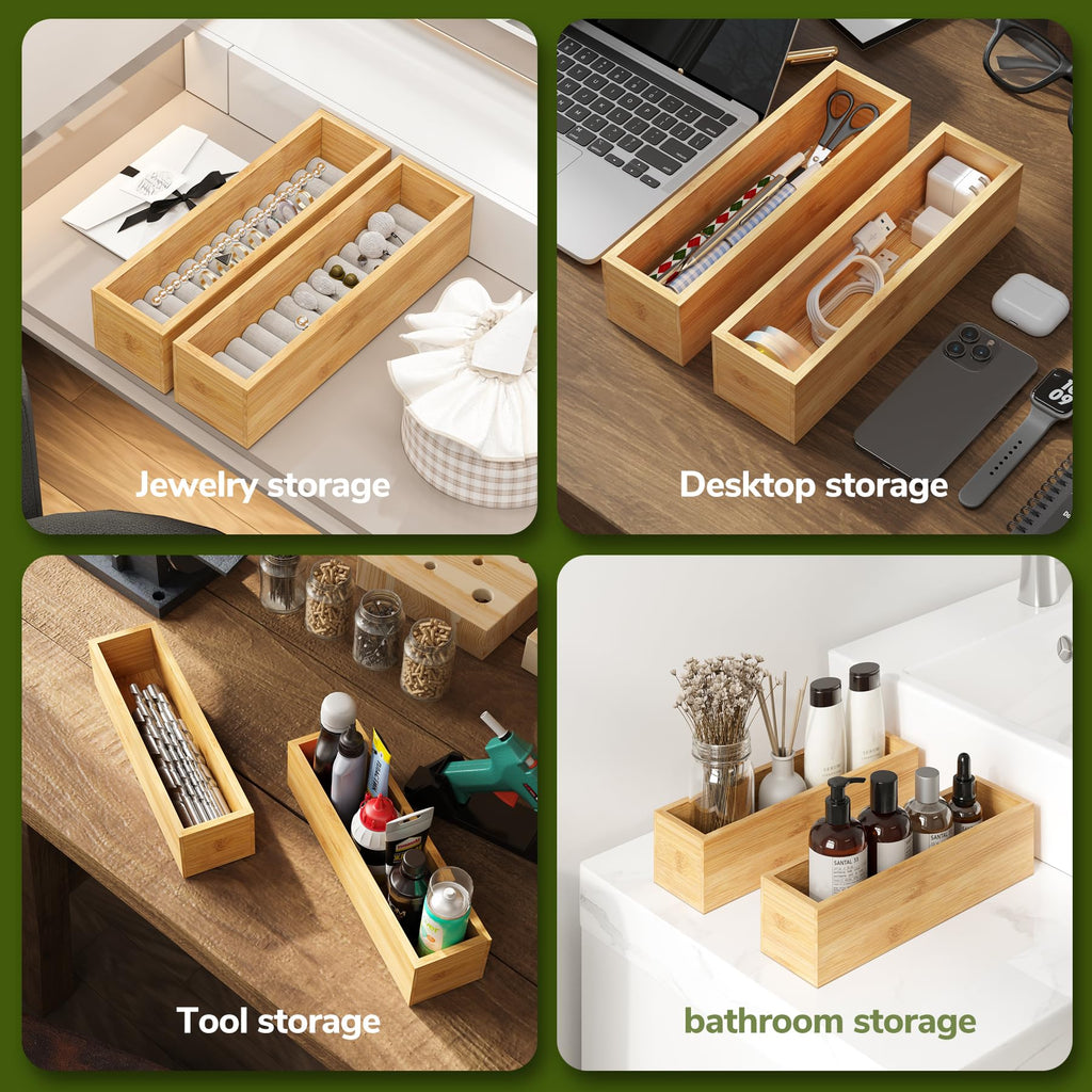BAMEOS Kitchen Drawer Organizer,Small Silverware Drawer Organizer,Bamboo Utensil Organizer for Bathroom, Dressing Room, Office, Pantry (Natural, 11"x 3") Set of 2