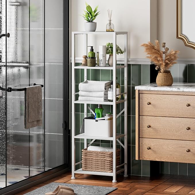 Furologee White Bookshelf 5 Tier Bookcase, Tall Narrow Bookshelves, Modern