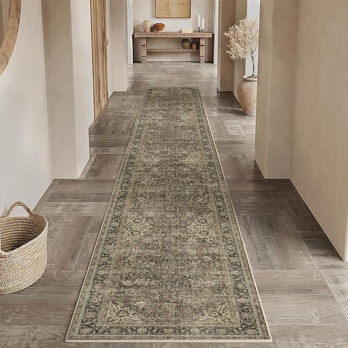 3x10 Washable Brown Runner Rug Vintage Hallway Kitchen Carpet Non-Slip Soft Low Pile Distressed Throw Rug for Bedroom Bathroom Laundry Living Room