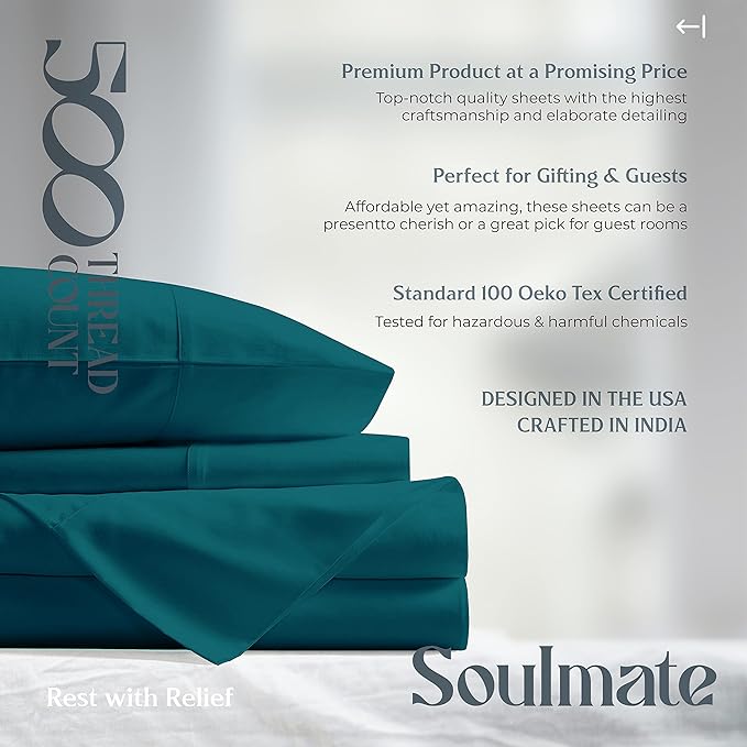 Mayfair Linen 500 Thread Count California King Cotton Sheets - 4 PC Cal King Size Bed Sheet Set Cotton (Teal), Soft, Cooling, Sateen Weave 16" Deep Pocket Bedsheet for Hot Sleepers (Fits 18" Mattress)