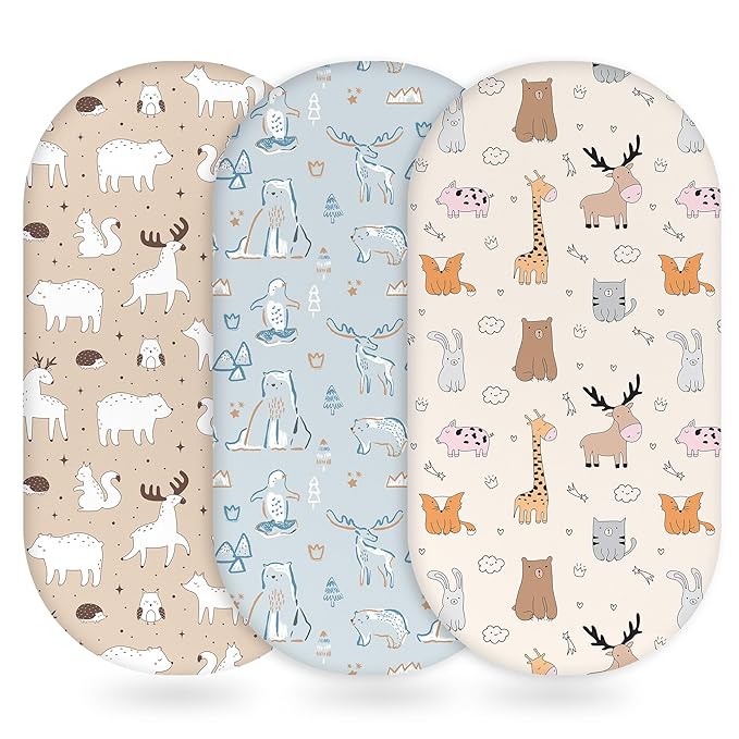 Baby Bassinet Sheets Girl Boy, Fitted Bassinet Sheet Set 3 Pack Bassinet Mattress Sheets Universal Fit for Rectangle, Round, Oval, Hourglass Mattress, Soft Breathable Blue & Apricot Bear