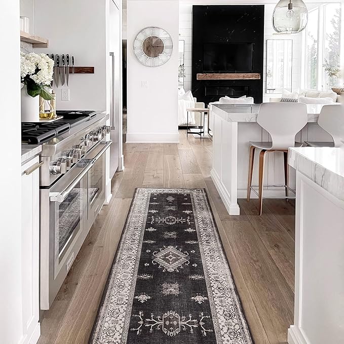 RUGGABLE Washable Vintage Runner Rug – Verena Dark Wood 2.5x10, Stain-Resistant, Non-Slip Hallway Runner – Machine Washable Rug for Hallway, Entryway, Living Room & Kitchen–with Standard Pad